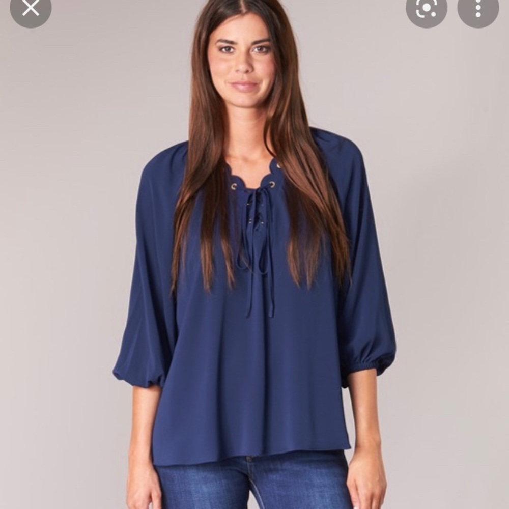 Michael Kors Navy Blue Scallop Blouse with Gold Details